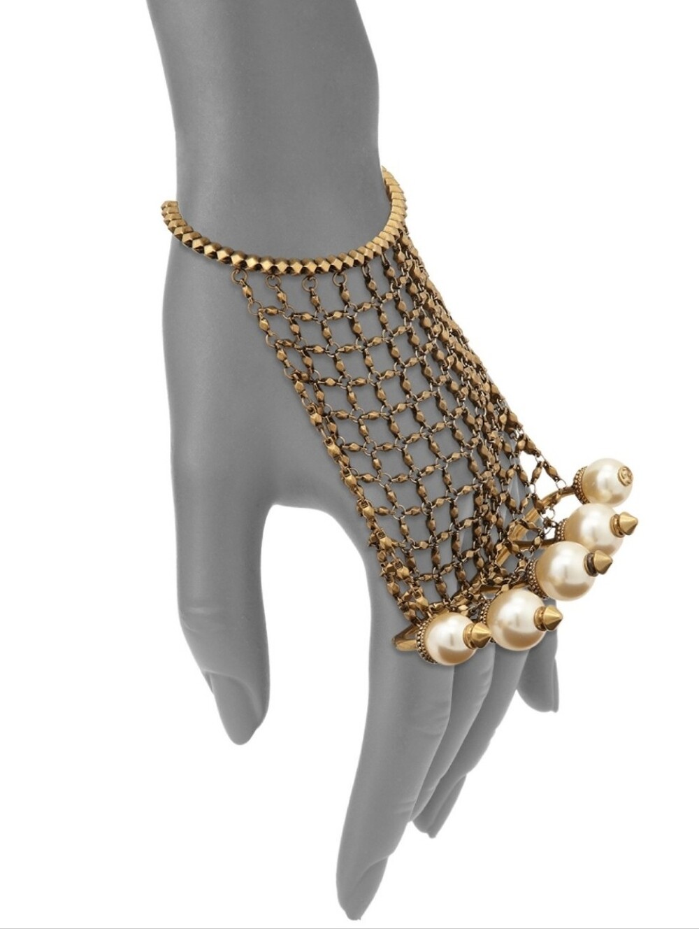 Gucci M US 5 6 7 Multi Finger Ring Knuckle Pearl Gold Hand Chainmail Spike $1150